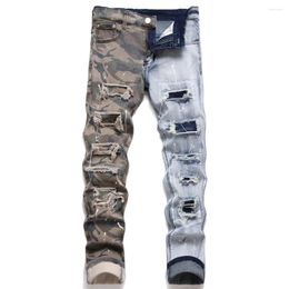 Men's Jeans Punk Men's Ripped Patch Splicing Colored Pencil Pants Streetwear Broken Holes Full Length Denim Trousers