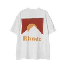 Designer Fashion Clothing Tees TShirts 2023 Summer Rhude Sunset Printed Pure Cotton T-shirt Men Loose Half Sleeve Women Versatile Tops Cotton Streetwear