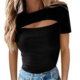 Women's T-Shirt Women Summer Solid Color T-Shirts Hollow Out Design See Through O-Neck Short/Long Sleeve Slim Pullovers Top for Streetwear 230421