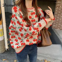 Women's Sweaters Winter Vintage Cherry Knitted Sweater Women Korean Style Kawaii O-neck Long Sleeve Loose Jumper Tops Casual Knitwear