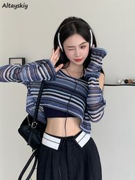 Women's T-Shirt Striped Sun-proof T-shirts Women Spring Sexy Ladies Crop Tops Design Fashion Korean Style Casual All-match Thin Street Wear 230421