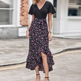 Casual Dresses Boho Floral Print Dress Women Summer Short Sleeve V Neck Tie Waist High Low Ruffle Cotton Long For Vestidos