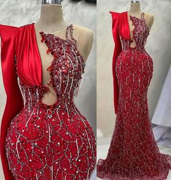 2023 April Aso Ebi Red Mermaid Prom Dress Crystals Pearls Lace Evening Formal Party Second Reception Birthday Engagement Gowns Dresses Robe De Soiree ZJ501
