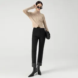 Women's Jeans 2023 High End Autumn/Winter Black For Women With Heel Waist And Slim Elastic Retro Fleece Crop Pants
