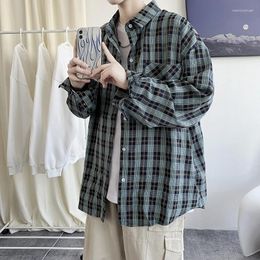 Men's Casual Shirts Long Sleeve Plaid Shirt Men Loose Korean Chic Coat Checker Blouses Couple Brand Single Breasted Harajuku Male Oversized