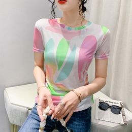 Women's T Shirts #6269 Tie Dye Printed Mesh Shirt Women O-neck Sexy Tight T-shirt Short Sleeve Korean Fashion Women's Thin Streetwear