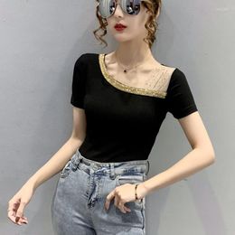 Women's T Shirts #7329 Summer Spliced Mesh Skew Collar Short Sleeve Shirt Women Cotton Tight Basic Femme Sexy Top Womens Tee