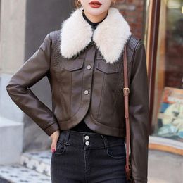 Women's Leather Short Jackets Fleece Thicken Coat Autumn Winter Warm Tops Streetwear Lady Fur Collar Slim Moto Biker Outerwear