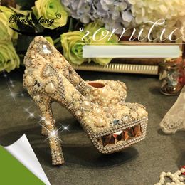 Dress Shoes BaoYaFang Arrival Champagne Crystal Women Wedding Woman Ivory Pearl Platform Luxury High Real Leather