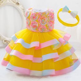 Girl Dresses 2023 Flower Colourful Baptism 1 Year Birthday Dress For Baby Ceremony Princess Party Cake Tutu Child Headband