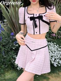 Two Piece Dress Vintage Classic Fashion Tweed Two Piece Set Women Outfits Sweet Bow Lace-up Crop TopPleated Skirt Suits Female Y2k 2 Piece Set 230421