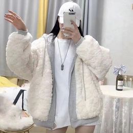 Women's Fur Xpqbb White Faux Winter Jacket Female 2023 Korean Loose Thick Lamb Wool Hooded Coat Women Thicken Warm Parkas Outwear