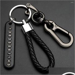 Car Key Keychains Anti-Lost Keychain Phone Number Card Keyring Leather Bradied Rope Vehicle Chain Holder Accessories Gift For Drop D Dhfh0