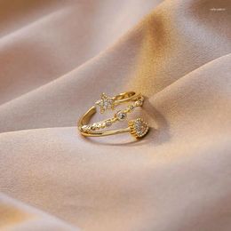 Cluster Rings Exquisite Gold Plated Star And Heart Open Ring Korea Cute White Zircon Fine Elegant Wedding Women's Fashion Jewellery