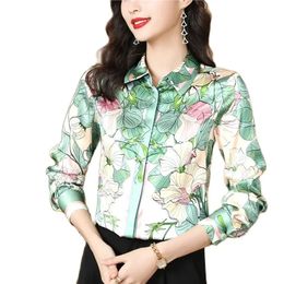 2023 Luxury Women's Designer Shirt Silk Top Plus Size Long Sleeve Lapel Blouses Office Ladies Runway Printed Button Up Shirts Sweet Girl Urban Elegant Blue Satin Tops