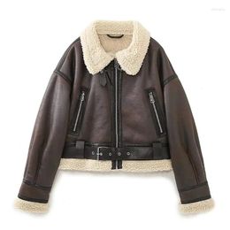 Women's Jackets YENKYE Double-sided Short Jacket Women Long Sleeve With Belt Female Faux Shearling Winter Warm Coat