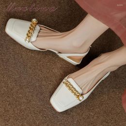 Sandals Meotina Women Genuine Leather Square Toe Flat Chain Buckle Slingbacks Ladies Shoes Summer White Green 40