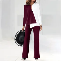 Women's Two Piece Pants 2pcs Casual And Fashionable Color Block Loose Suit Business Blouse Trousers Female Elegant Set Party Suits