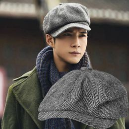 Berets Men Beret Vintage Herringbone Gatsby Tweed Peaky Blinders Hat Sboy Spring Winter Flat Peaked HatsBerets