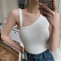 Women's Tanks Summer French Style Irregular Slanted Shoulders Camisole Ice Silk Suspender Slim Fit Tank Top Beauty Back Knit Vest