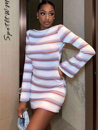 Women Striped Printed Flare Mini Dress Sexy Slash Neck Long Sleeve Bodycon A line Dresses Summer Party Club Vestidos