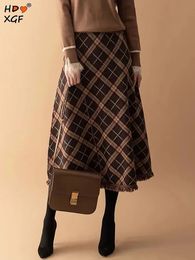 Skirts Tassel Knitted A-line Long Skirts Women Autumn Winter Printing Plaid Skirt Female High Waist Warm Skirt Elegant Office Lady Saia 231120