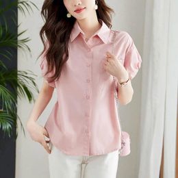 Women's Blouses Shirts For Women Vintage Short Sleeve Solid Cardigans Polo-neck Casual Single Breasted Korean Style One-piece Blouse Tops