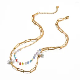 Pendant Necklaces Stainless Steel Women Choker Necklace Double Layered Colourful Beaded 18K Gold Geometric Collar Jewellery Girls