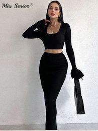 Fashion Solid Pencil Skirt Set Women Elegant Square Collar Top Piece Suits Lady Casual Crop Flare Sleeve Skirts Outfit