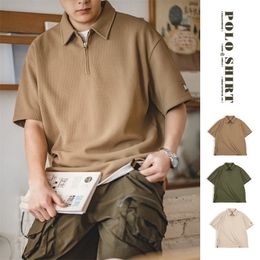 Men's Polos Maden Japanese Vintage Waffle Polo Shirt for Men 330g Heavyweight Half-zip T-shirt Casual Lapel Short Sleeve Shirt Summer Tops 230421