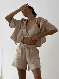 Women's Sleepwear Linad Khaki Pyjamas For Women 3 Piece Sets Cotton Short Sleeve Female Bra Casual Home Suits With Shorts Spring 2023