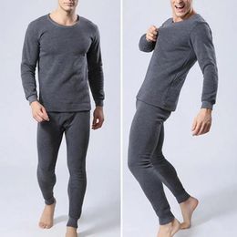 Men's Thermal Underwear Solid Colour Men Suit Winter Set Warm Slim Fit Elastic Pyjamas For Homewear Long-sleeved Top Trousers