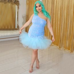 Sparkly Sequin Short Prom Dresses 2024 Mermaid Tulle One Shoulder Formal Evening Gowns Birthday Party Wear Outfit Robe De Soiree