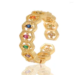 Cluster Rings Gold Colour Hollow Adjustable Multicolor Copper Inlay Zircon Finger Ring Exquisite Wedding Anniversary Jewellery Gifts