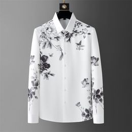 2023 Summer Luxury Rhinestone Flower Shirt for Men Long Sleeve Casual Business Dress Shirts Social Party Tuxedo Men Clothing 5XL