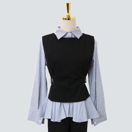 Women's Blouses Chic Spring Autumn Two Piece Blouse Black Vest And Ruffle Striped Shirts Women Elegant Tops Blusas Mujer