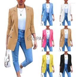 Women's Suits Casual Business Women Fashion Candy Colour Mid Length Blazer Coat Vintage Long Sleeve Female Outerwear Chic Veste Ladies Suit