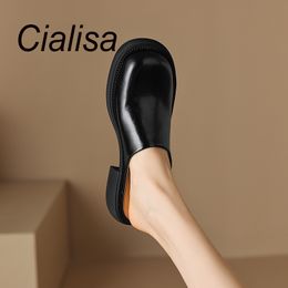 Slippers Cialisa Summer Mules Women Casual Round Toe Genuine Leather Shoes Concise Handmade Daily Mid Heels Female Footwear 230421
