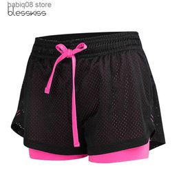 Yoga Outfit Blesskiss Mesh Sport Shorts Women Fitness Clothing Workout Lulu Running Gym Yoga Shorts For Lady Elastic Short Pants Sportswear T230421
