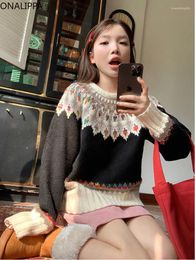 Women's Sweaters Onalippa Vintage Contrasting Jacquard Sweater Contrast All Match Loose Korean Fashion Chic Design Knitted Pullover