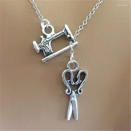 Pendant Necklaces 1pc Fashion Sewing Machine Necklace With Scissor Short Long Choker Charms Silver Colour Seamstress Jewellery Mother's Day