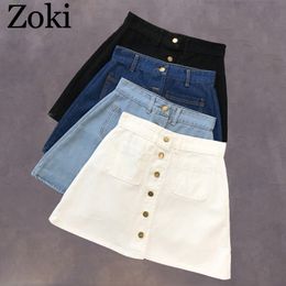 Skirts Zoki Vintage Women Denim Mini Skirt Summer High Waist Aline Korean Single Button Female Jeans Harajuku Cotton Street Wear 230420