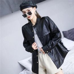 Women's Leather 2023Leather Coat Spring Office Lady Sheepskin Red Long Sleeve Jacket Natural Stand Collar Slim Jackets Tops Streetwear F