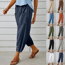 Women's Pants Button Cropped For Women Casual High Waist Drawstring Capri With Pockets Wide Leg Travel Bottoms Jersey