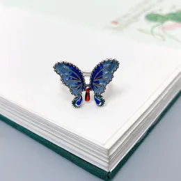 Cluster Rings Vintage 925 Sterling Silver Enamel Butterfly Ring Women Girls Jewellery Ethnic Style Blue Insect Adjustable Opening JZ127