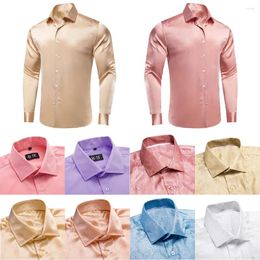 Men's Casual Shirts Hi-Tie Silk Mens Fashion Brown Long Sleeve Solid Turndown Collar Slim Fit Shirt For Male High Quality Business Party