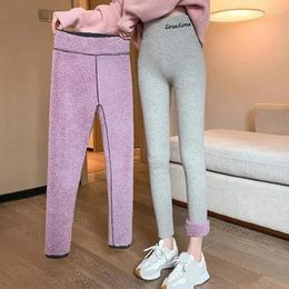 Women's Pants Rimocy Winter Velvet Warm Slimming Women Letter Printed Elastic High Waist Leggings Woman 2023 Thicken Casual Female