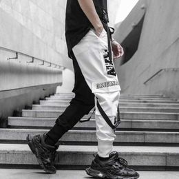 Men's Pants Men black white patchwork casual techwear cargo pants punk hip hop streetwear joggers man vintage slim fit sweatpants J230420