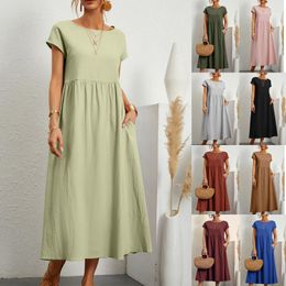 Casual Dresses Women Elegant Solid Summer O Neck Short Sleeve Cotton Sundress Vintage Loose Pockets Y2K Long Dress Vestidos Robe 230421
