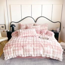 Bedding sets Gradient Pink Grey purple Faux Rabbit Fur Velvet Fleece Set Soft Plush Duvet Cover FlatFitted Bed Sheet Pillowcases 231121